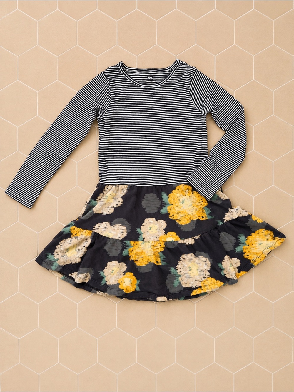 Tea Collection Black-White Striped Top with Yellow Floral Skirt Dress